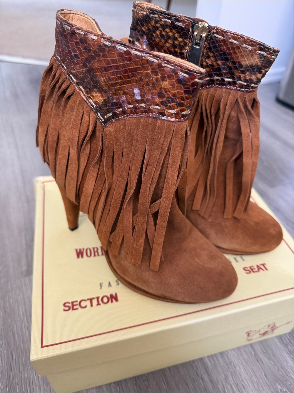 True Religion Bona Fringe Suede Ankle Boots with Snakeskin Trim Rust 8